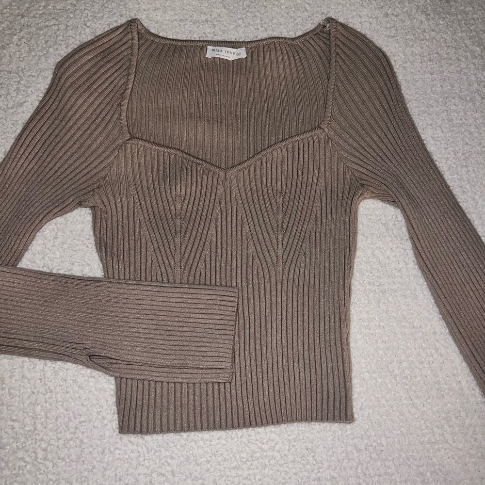 Ribbed Sweetheart Neck Sweater in Tan